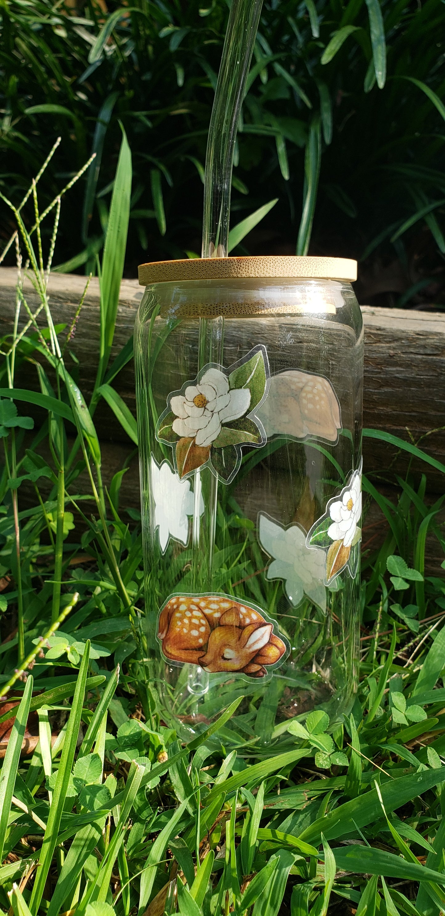 Glass Cup Fawn and Magnolia Flowers