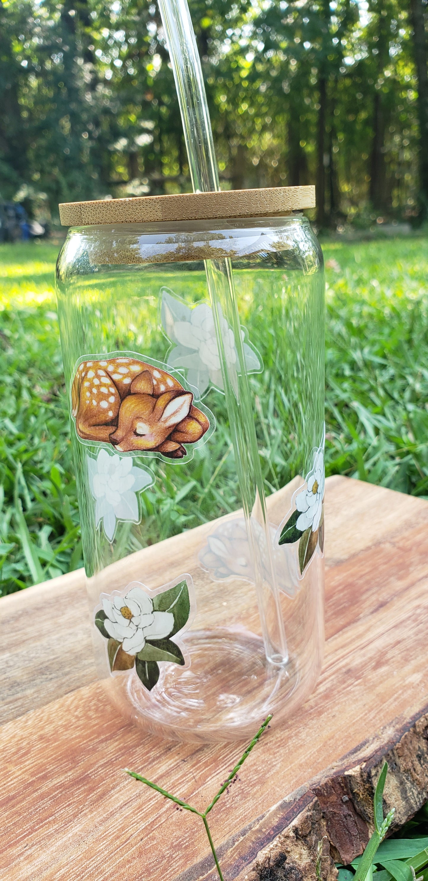 Glass Cup Fawn and Magnolia Flowers
