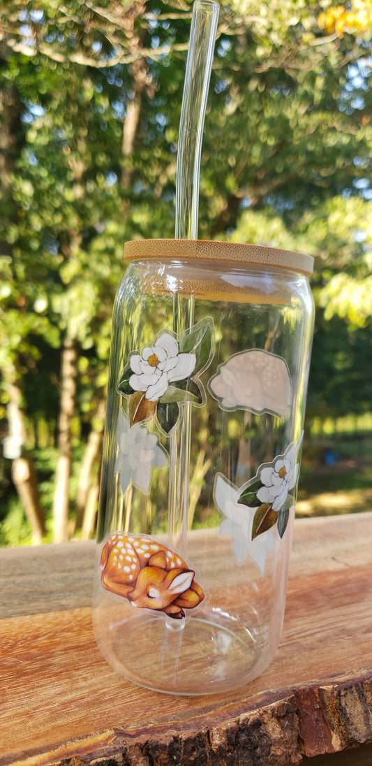 Glass Cup Fawn and Magnolia Flowers